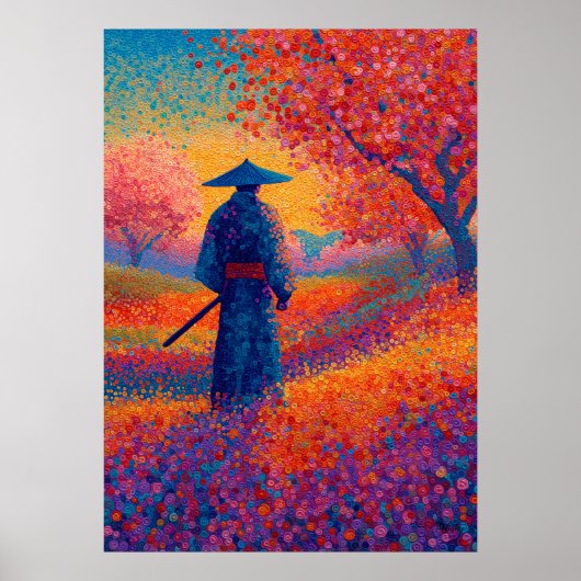 Samurai Kersenbloesem Pointillisme Kunst Poster (Voorkant)