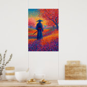 Samurai Kersenbloesem Pointillisme Kunst Poster (Keuken)