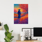 Samurai Kersenbloesem Pointillisme Kunst Poster (Thuiskantoor)