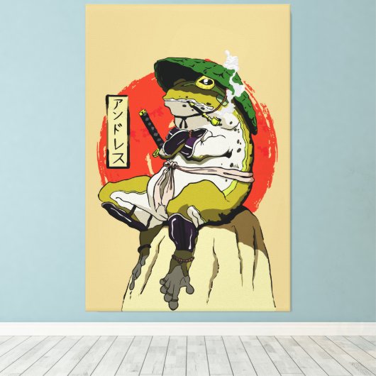 Samurai kikker met rode zon esthetiek canvas afdruk (Insitu (Houten vloer))