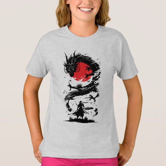 Samurai Krijger en Draak Strijd T-shirt (Voorkant)