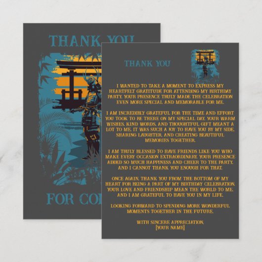 Samurai krijger verjaardagsfeest op maat bedankkaart (Voorkant / Achterkant)