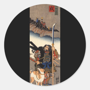 Samurai met zijn hond, ongeveer 1800's ronde sticker