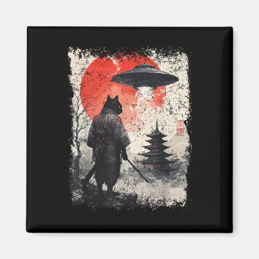 Samurai Ninja Kat Krijger Sumi-e Ufo Ukiyo-e Sci F Magneet (Voorkant)