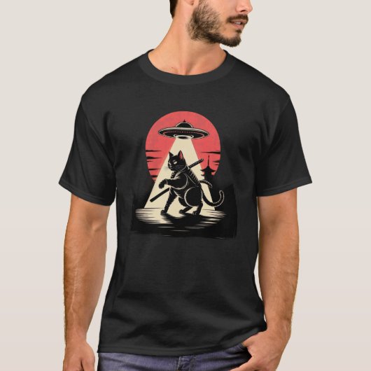 Samurai Ninja Kat Krijger Sumi-e UFO Ukiyo-e Sci F T-shirt (Voorkant)