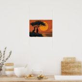 Samurai onder zonsondergangboom in traditionele Ja Poster (Keuken)