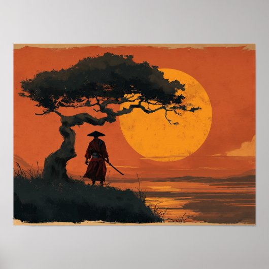 Samurai onder zonsondergangboom in traditionele Ja Poster (Voorkant)