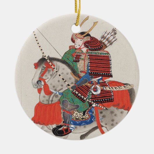 Samurai op Horseback Wearing Armor & Horned Helmet Keramisch Ornament (Voorkant)
