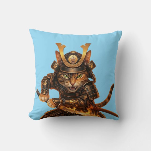 Samurai Oranje Kat - Japans Kunst Kussensloop Kussen (Voorkant)