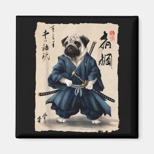 Samurai Pug Japanese Anime Dog Pug Lover Funny For Magneet (Voorkant)