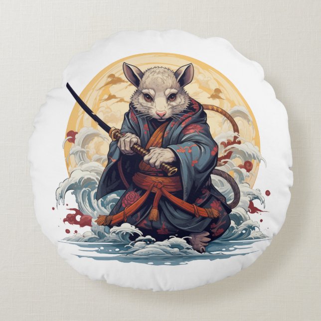 Samurai Rat Worpdekens Rond Kussen (Voorkant)