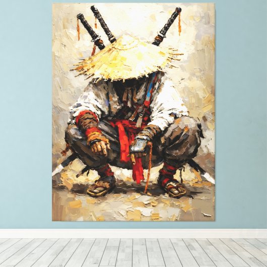 Samurai Resting Palette Knife Orange Impasto Canvas Afdruk (Insitu (Houten vloer))