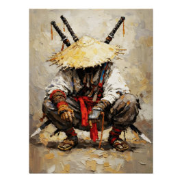 Samurai Resting Palette Knife Orange Impasto Perfect Poster