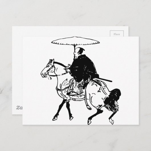 Samurai Riding a Horse with Umbrella, Black Line Briefkaart (Voorkant / Achterkant)