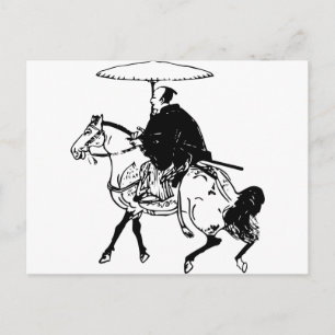 Samurai Riding a Horse with Umbrella, Black Line Briefkaart