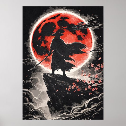 Samurai Ronin in Red Moon - Japanese Anime Art Poster (Voorkant)