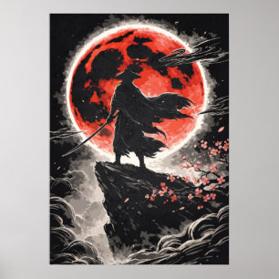 Samurai Ronin in Rode Maan - Japanse Anime Kunst Poster