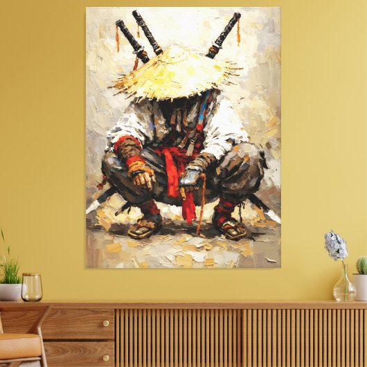 Samurai Rustend Paletmes Oranje Impasto Canvas Afdruk (Insitu (Woonkamer))