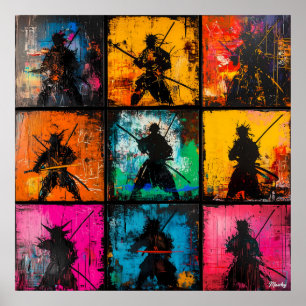 Samurai Silhouette Kunst Raster Vet Graffiti Stijl Poster
