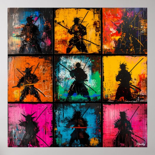 Samurai Silhouette Kunst Raster Vet Graffiti Stijl Poster (Voorkant)