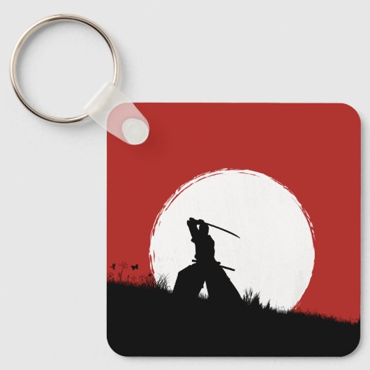 Samurai Silhouette Zon Rode Sleutelhanger (Voorkant)
