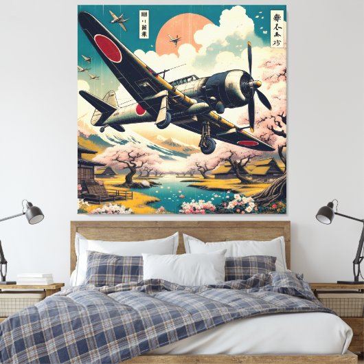 Samurai Skies: Ukiyo-e Japans Zero Vliegtuig Canvas Afdruk (Insitu (Slaapkamer))