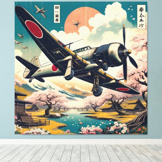 Samurai Skies: Ukiyo-e Japans Zero Vliegtuig Canvas Afdruk (Insitu (Houten vloer))