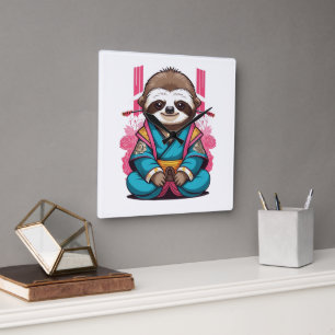 Samurai Sloth Halloween Quirky Ninja Warrior Decor Vierkante Klok