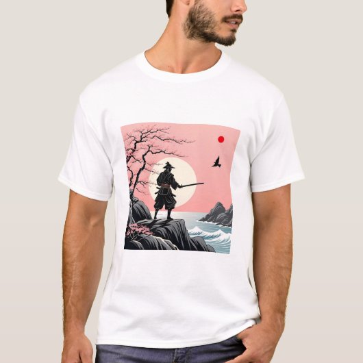 Samurai Sunset Design - Ukiyo-e Cherry Blossom Art T-shirt (Voorkant)