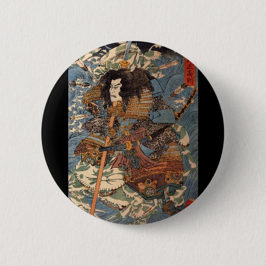 Samurai surft op krabben c. jaren '1800 ronde button 5,7 cm (Voorkant)