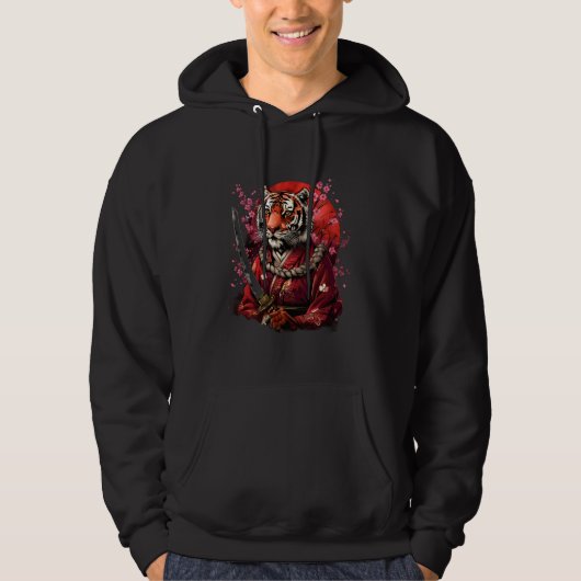 Samurai Tiger Anime Artwork Sakura Tree Japanese N Hoodie (Voorkant)