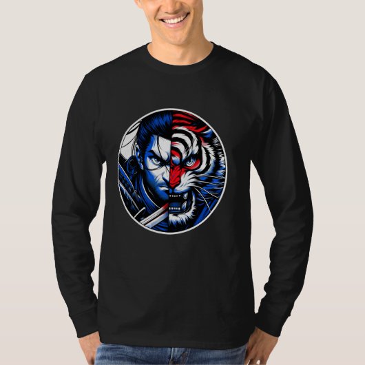 Samurai Tiger Showdown Anime Style Samurai Japanes T-shirt (Voorkant)