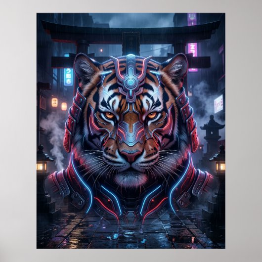 Samurai Tijger Neon Tempel Poster (Voorkant)