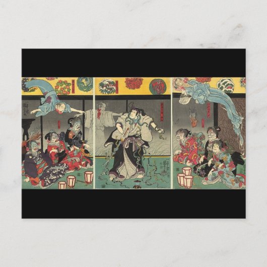 Samurai vecht spoken en slangen. 1850 briefkaart (Voorkant)