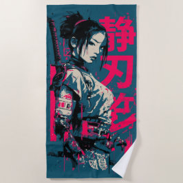 Samurai Vrouw Katana Street Art Japanse Kanji Des Strandlaken