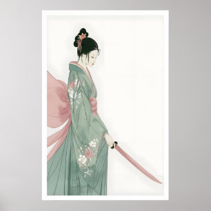 Samurai Vrouw Kunst aan de Muur Roze en Groene Blo Poster