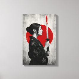 Samurai vrouw met Katana voor de rode zon Canvas Afdruk