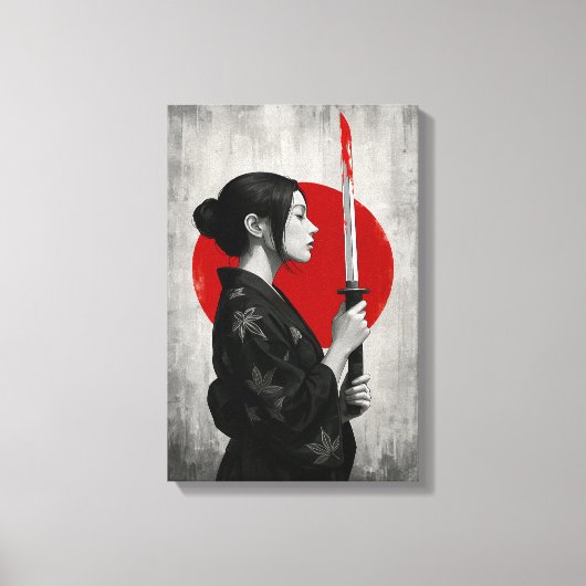 Samurai vrouw met Katana voor de rode zon Canvas Afdruk (Voorkant)