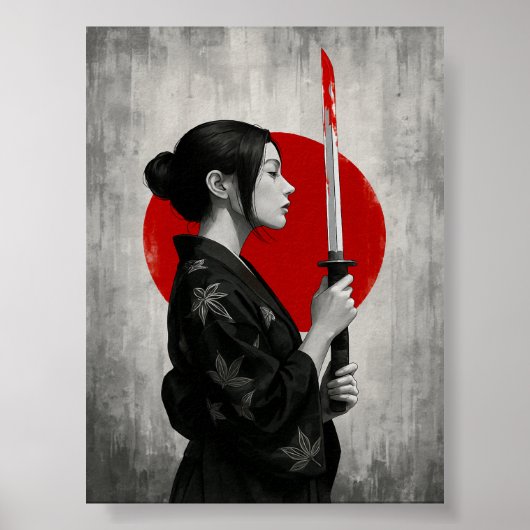 Samurai vrouw met Katana voor de rode zon Poster (Voorkant)