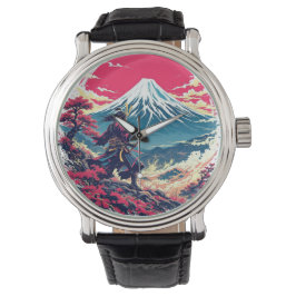 Samurai Warrior at Mount Fuji Japanese Art  Horloge
