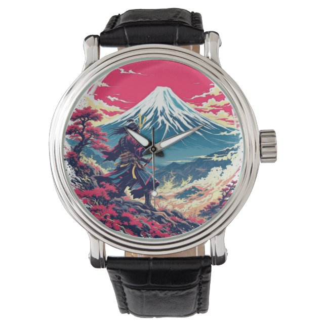Samurai Warrior at Mount Fuji Japanese Art  Horloge (Voorkant)