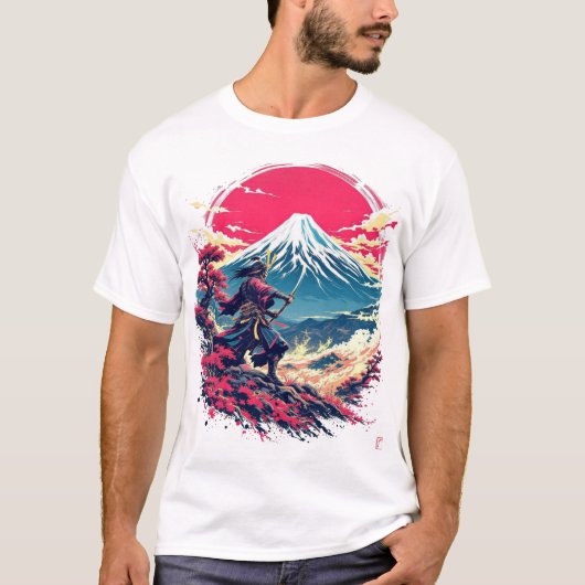 Samurai Warrior at Mount Fuji Japanese Art T-Shirt (Voorkant)