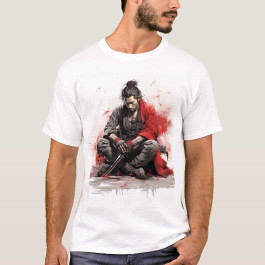 Samurai Warrior Crouching met getekend zwaard T-sh T-shirt (Voorkant)