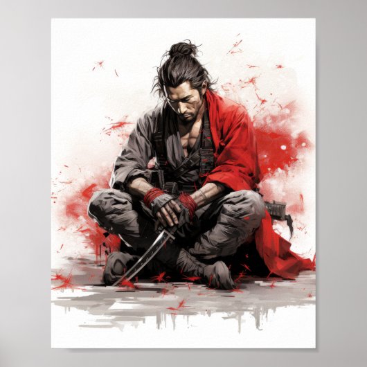 Samurai Warrior Crouching met Katana Sword Poster (Voorkant)