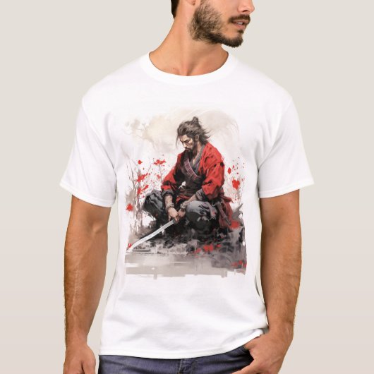 Samurai Warrior Crouching met Sword Drawn T-Shirt (Voorkant)