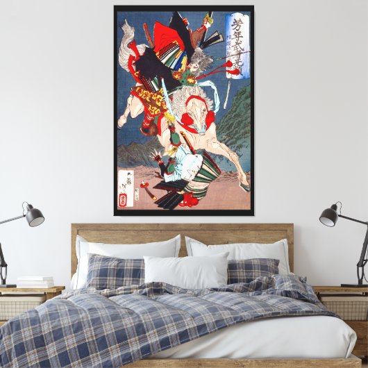 Samurai Warrior vecht op een paard, Yoshitoshi Canvas Afdruk (Insitu (Slaapkamer))