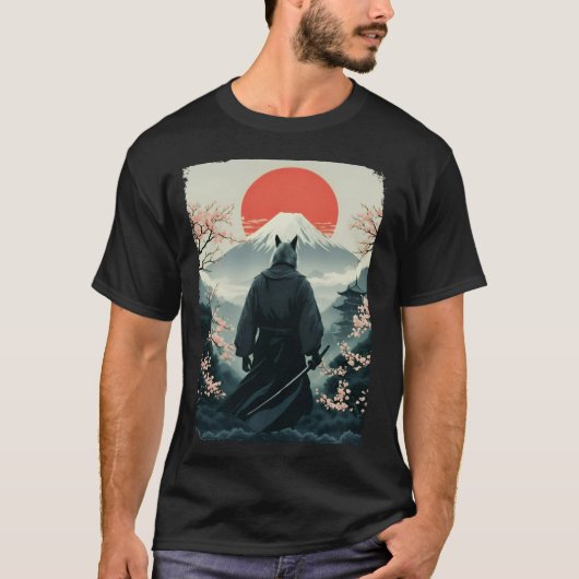 Samurai Wolf Warrior Fuji Mount Japans T-shirt (Voorkant)