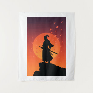 Samurai Zonsondergang Tapijt – Krachtige Minimalis Wandkleed