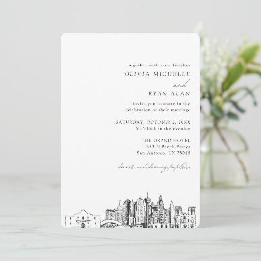 San Antonio bruiloft elegante skyline uitnodiging (Staand voorkant)
