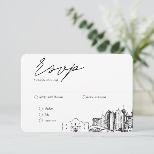 San Antonio Bruiloft Traditionele RSVP Maaltijd Op Informatiekaartje (Staand voorkant)